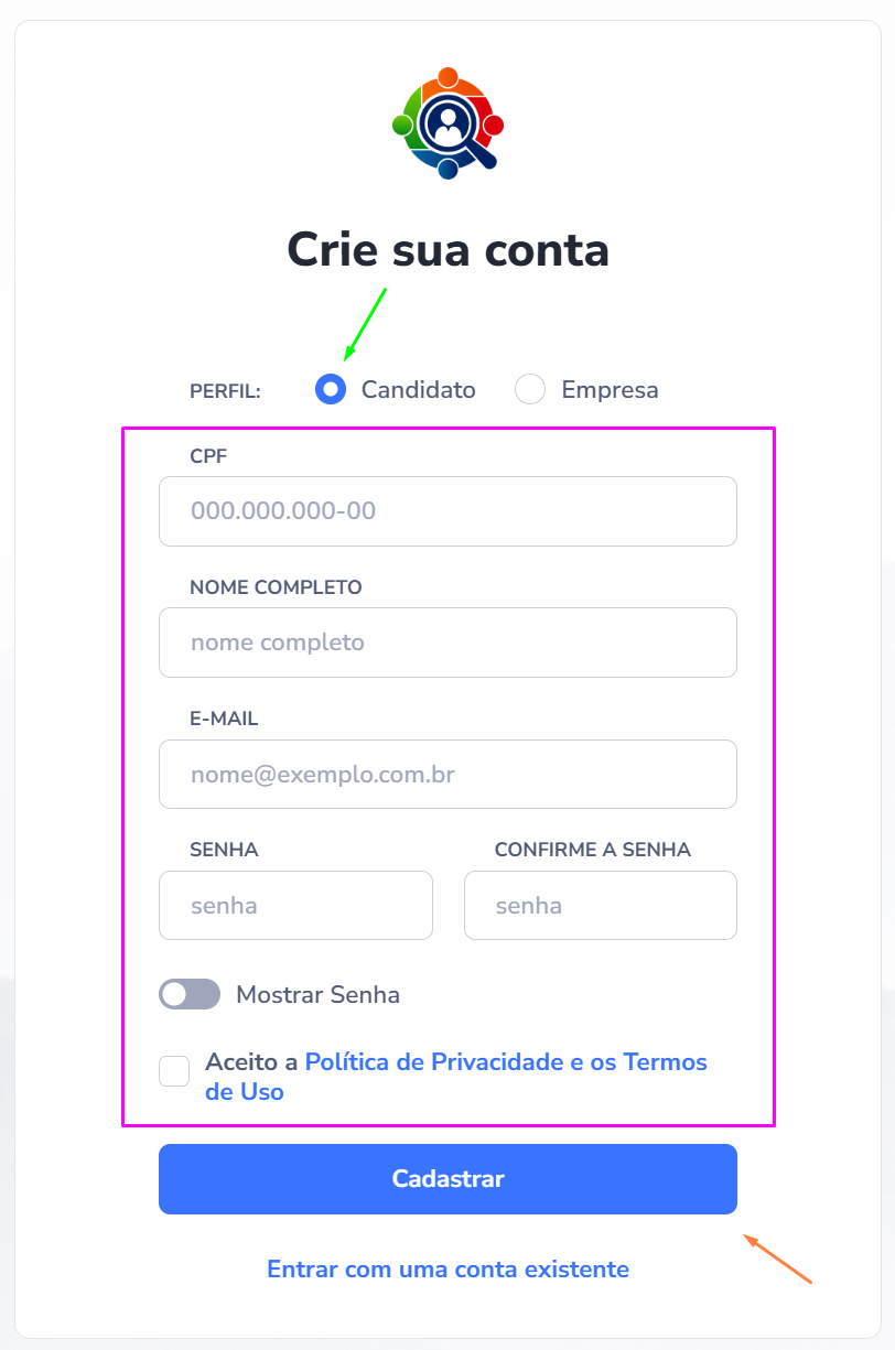 Tela de cadastro com perfil Candidato selecionado