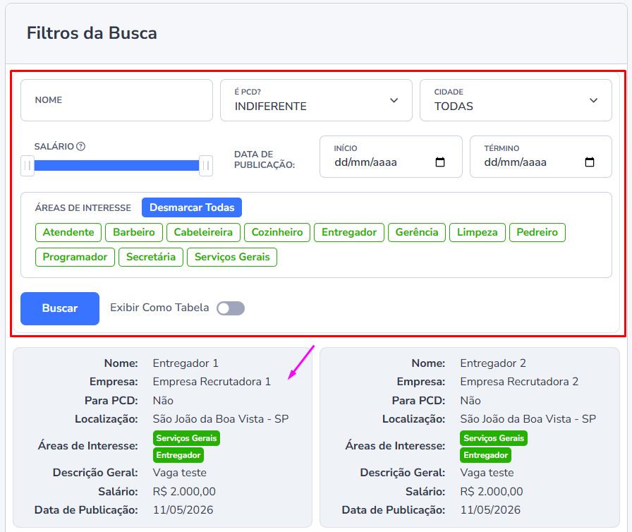 Tela de busca de vagas com filtros e resultados