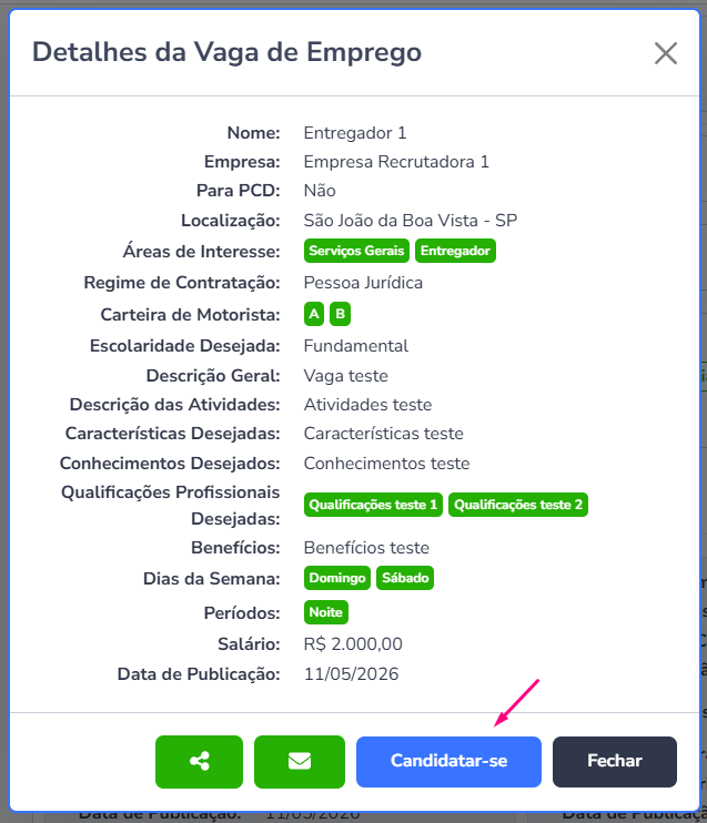 Detalhes de uma vaga com botão Candidatar-se destacado