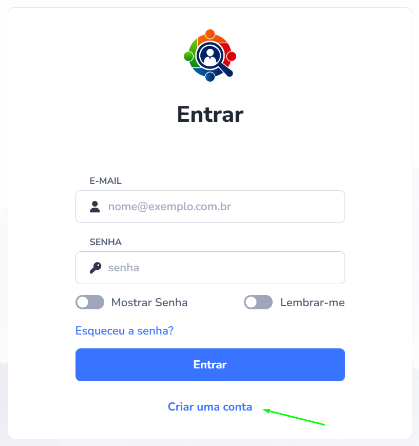 Tela de login com destaque para o link Criar uma conta