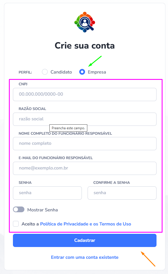 Tela de cadastro com perfil Empresa selecionado