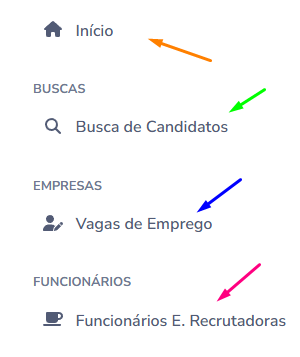 Menu lateral da empresa com setas indicativas