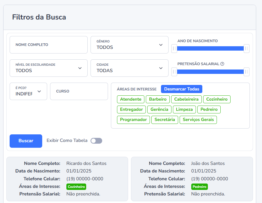 Tela de busca de candidatos com filtros