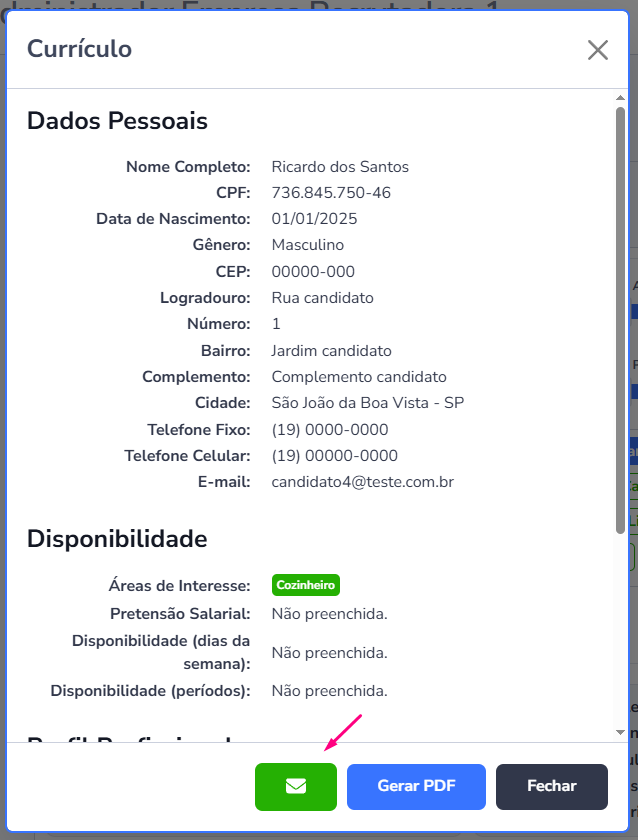 Detalhes de candidato com botão de convite destacado