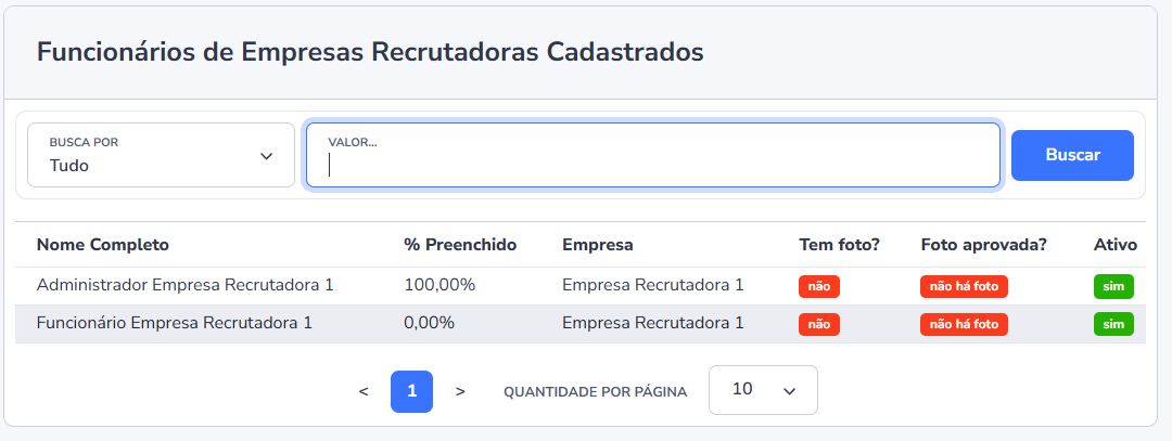 Tela de cadastro de funcionários